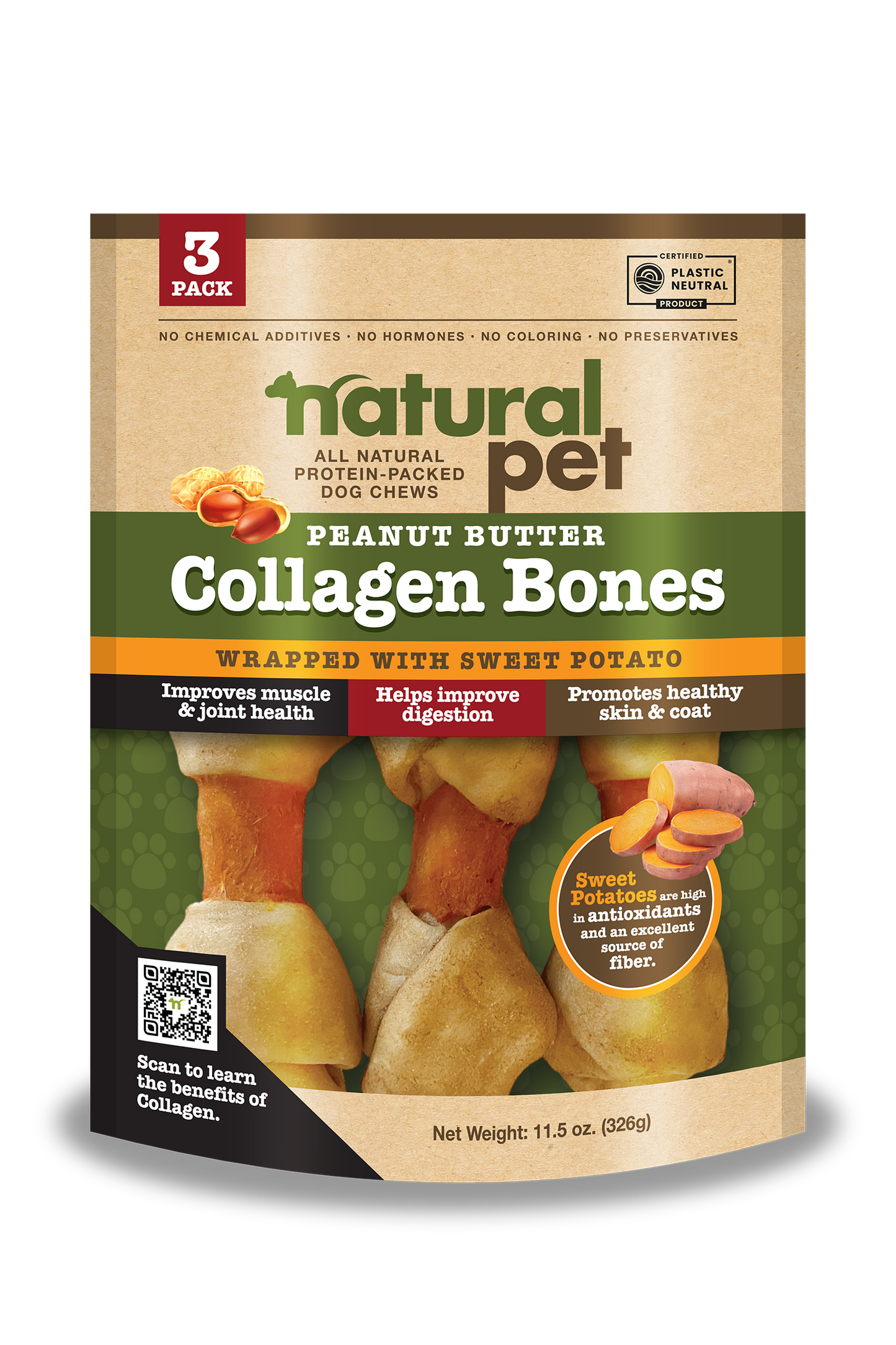 Natural Pet Collagen- Peanut Butter Bones W/ Sweet Potato 3 CT